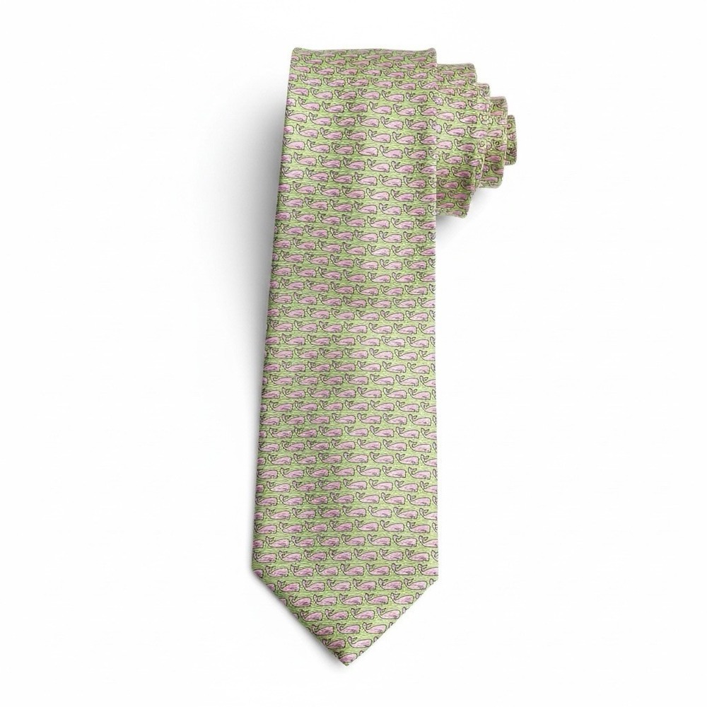Sero New England Classics Silk Neck Tie Whale Print Green Pink Nautical